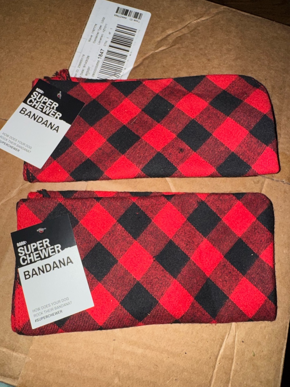 BARK SUPER CHEWER Red & Black Buffalo Plaid Dog Bandana set of 2 NEW W/ tags LG